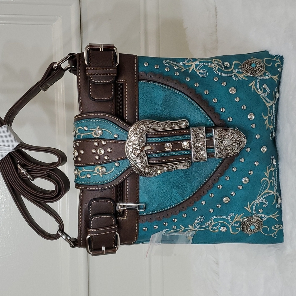 Turquoise Western Buckle Crossbody with Embroidery - Picture 3 of 4